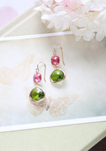 Load image into Gallery viewer, Fuchsia Pink Ruby Peridot Apple Green Dangle Earrings, Gold Plated Teardrop Glass Earrings, Bridesmaid Earrings, Fuchsia Green Wedding
