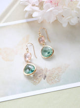 Load image into Gallery viewer, Peach and Aqua Earrings. champagne Erinite Aqua Blue Crystal Glass Dangle Earrings,Gold framed Glass Drop Earrings, Peach Aqua Wedding
