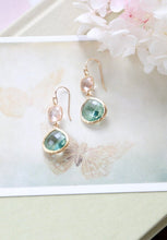 Load image into Gallery viewer, Peach and Aqua Earrings. champagne Erinite Aqua Blue Crystal Glass Dangle Earrings,Gold framed Glass Drop Earrings, Peach Aqua Wedding
