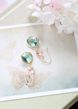 Load image into Gallery viewer, Peach and Aqua Earrings. champagne Erinite Aqua Blue Crystal Glass Dangle Earrings,Gold framed Glass Drop Earrings, Peach Aqua Wedding
