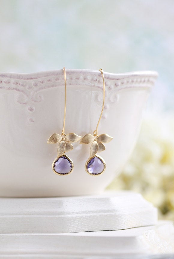 Matte Gold Orchid Flower Amethyst Purple Glass Teardrop Long Dangle Earrings, Purple Wedding , Purple Drop Earrings, Bridesmaid Earrings