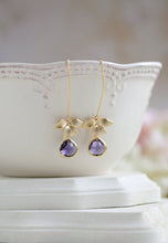 Load image into Gallery viewer, Matte Gold Orchid Flower Amethyst Purple Glass Teardrop Long Dangle Earrings, Purple Wedding , Purple Drop Earrings, Bridesmaid Earrings
