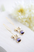 Load image into Gallery viewer, Matte Gold Orchid Flower Amethyst Purple Glass Teardrop Long Dangle Earrings, Purple Wedding , Purple Drop Earrings, Bridesmaid Earrings
