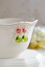 Load image into Gallery viewer, Fuchsia Pink Ruby Peridot Apple Green Dangle Earrings, Gold Plated Teardrop Glass Earrings, Bridesmaid Earrings, Fuchsia Green Wedding
