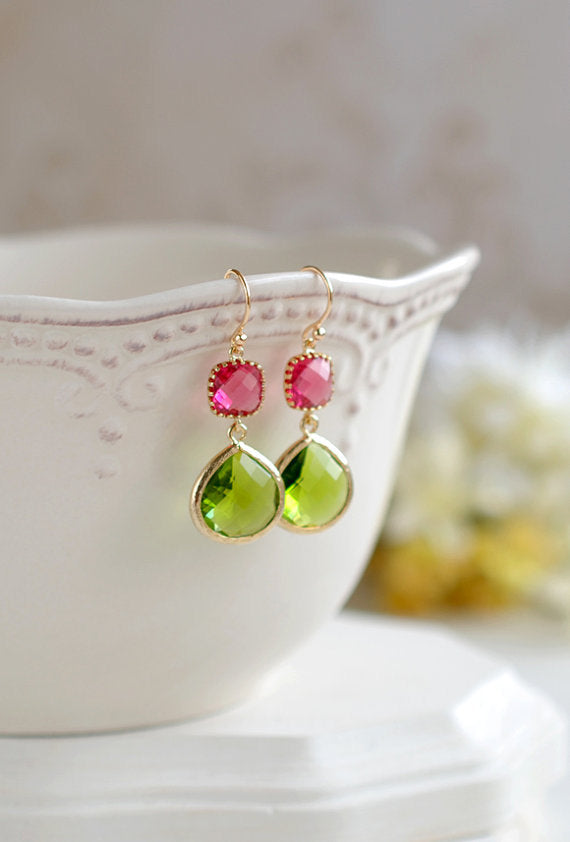 Fuchsia Pink Ruby Peridot Apple Green Dangle Earrings, Gold Plated Teardrop Glass Earrings, Bridesmaid Earrings, Fuchsia Green Wedding