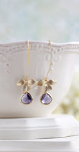 Load image into Gallery viewer, Matte Gold Orchid Flower Amethyst Purple Glass Teardrop Long Dangle Earrings, Purple Wedding , Purple Drop Earrings, Bridesmaid Earrings
