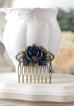 Load image into Gallery viewer, Gold Tipped Navy Dark Blue Rose Hair Comb. Antiqued Brass Filigree Hair Comb. Vintage Inspired Wedding Bridal Hair Comb
