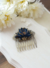 Load image into Gallery viewer, Gold Tipped Navy Dark Blue Rose Hair Comb. Antiqued Brass Filigree Hair Comb. Vintage Inspired Wedding Bridal Hair Comb
