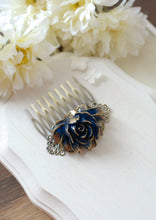 Load image into Gallery viewer, Gold Tipped Navy Dark Blue Rose Hair Comb. Antiqued Brass Filigree Hair Comb. Vintage Inspired Wedding Bridal Hair Comb
