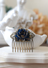 Load image into Gallery viewer, Gold Tipped Navy Dark Blue Rose Hair Comb. Antiqued Brass Filigree Hair Comb. Vintage Inspired Wedding Bridal Hair Comb
