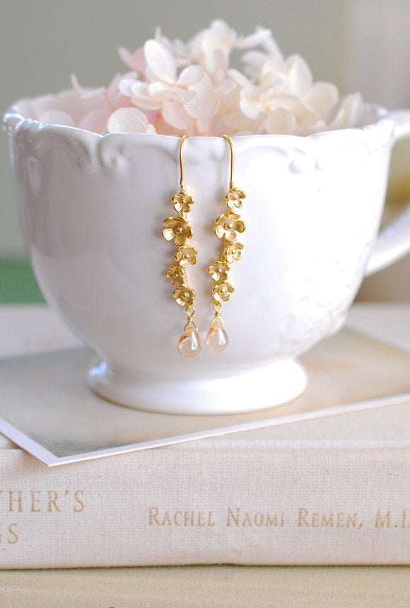 Gold Twig Earrings, Matte Gold Branch Twig Flowers Blossom Dangle Earrings, Champagne Teardrop Glass Earrings, Botanical Jewelry