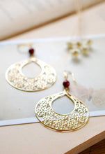 Load image into Gallery viewer, Large Gold Filigree Earrings, Chandelier Earrings, Maroon Burgundy Dark Red Pearl, Moroccan Style, Boho Bohemian Statement Earrings
