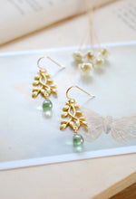 Load image into Gallery viewer, Gold Twig Earrings, Leaf Earrings, Leaf sprig Leaf Branch Dangle Earrings, Mint Green Glass Drop Earrings, Botanical Woodland Jewelry,
