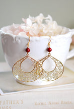 Load image into Gallery viewer, Large Gold Filigree Earrings, Chandelier Earrings, Maroon Burgundy Dark Red Pearl, Moroccan Style, Boho Bohemian Statement Earrings
