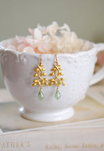 Load image into Gallery viewer, Gold Twig Earrings, Leaf Earrings, Leaf sprig Leaf Branch Dangle Earrings, Mint Green Glass Drop Earrings, Botanical Woodland Jewelry,
