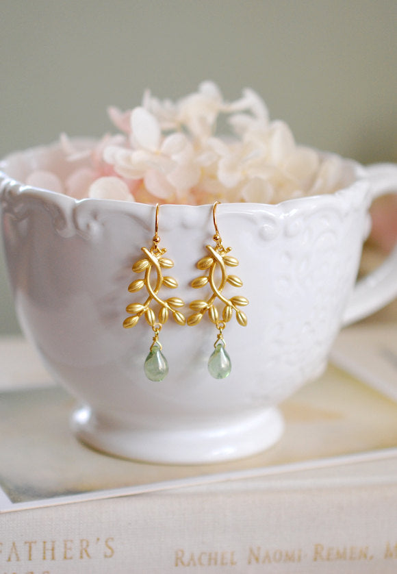 Gold Twig Earrings, Leaf Earrings, Leaf sprig Leaf Branch Dangle Earrings, Mint Green Glass Drop Earrings, Botanical Woodland Jewelry,