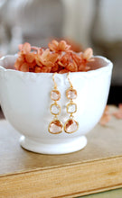 Load image into Gallery viewer, Gold Plated Peach Champagne and Clear Framed Glass Dangle earrings, Long Earrings, Bridal Party Wedding Earrings, Bridesmaid Gift,
