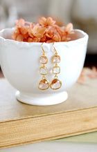 Load image into Gallery viewer, Gold Plated Peach Champagne and Clear Framed Glass Dangle earrings, Long Earrings, Bridal Party Wedding Earrings, Bridesmaid Gift,
