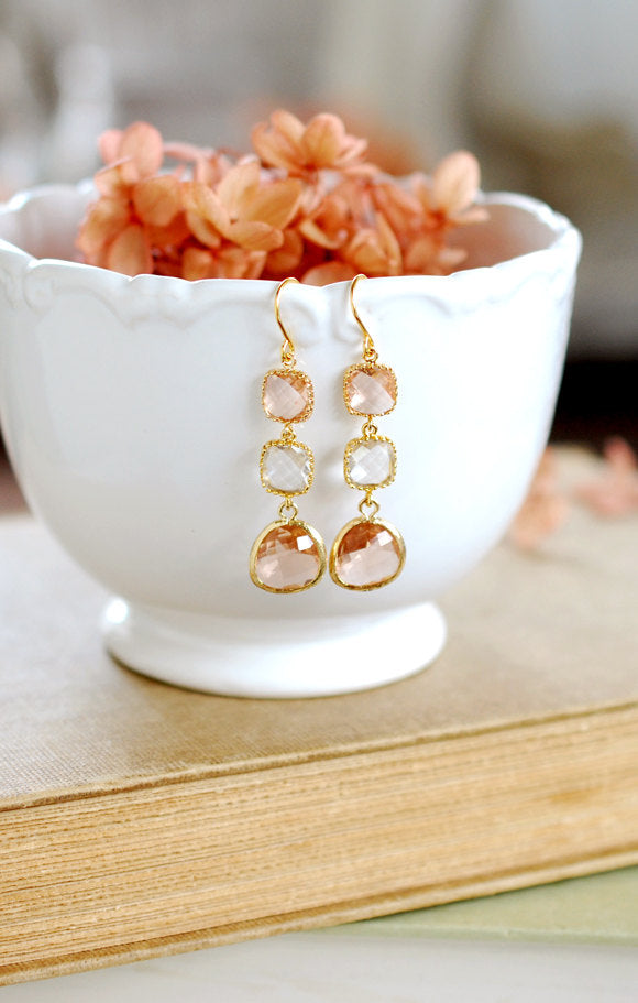 Gold Plated Peach Champagne and Clear Framed Glass Dangle earrings, Long Earrings, Bridal Party Wedding Earrings, Bridesmaid Gift,