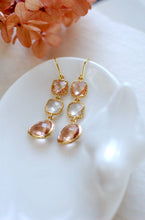 Load image into Gallery viewer, Gold Plated Peach Champagne and Clear Framed Glass Dangle earrings, Long Earrings, Bridal Party Wedding Earrings, Bridesmaid Gift,
