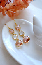 Load image into Gallery viewer, Gold Plated Peach Champagne and Clear Framed Glass Dangle earrings, Long Earrings, Bridal Party Wedding Earrings, Bridesmaid Gift,
