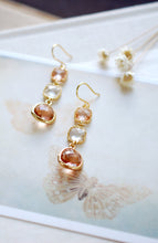 Load image into Gallery viewer, Gold Plated Peach Champagne and Clear Framed Glass Dangle earrings, Long Earrings, Bridal Party Wedding Earrings, Bridesmaid Gift,
