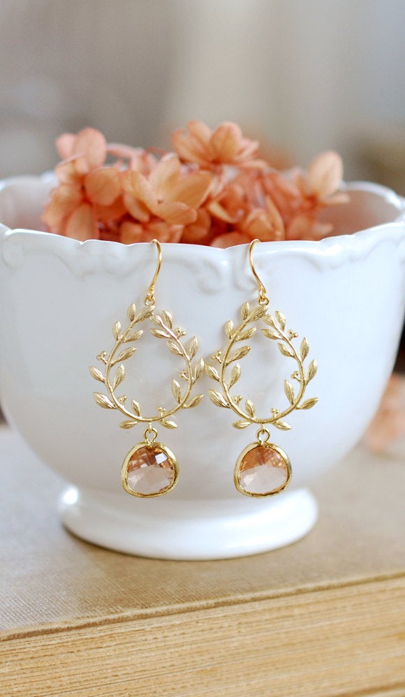 Gold Laurel Wreath Peach Champagne Teardrop Glass Dangle Earrings, Chandelier Earrings, Wedding Bridal Earrings, Bridesmaid Jewelry