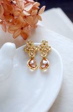 Load image into Gallery viewer, Gold Flowers Cubic Zirconia Peach champagne Glass Post Earrings. 925 Sterling Silver Post, Bridal Earrings, Wedding Bridesmaid Gift
