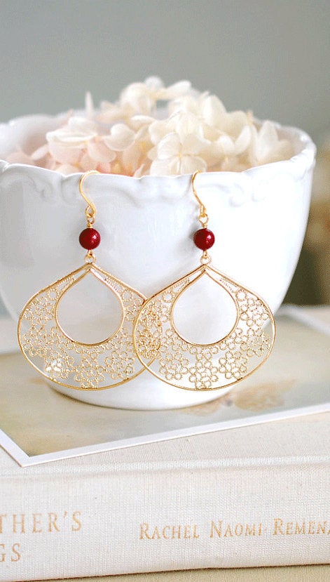 Large Gold Filigree Earrings, Chandelier Earrings, Maroon Burgundy Dark Red Pearl, Moroccan Style, Boho Bohemian Statement Earrings