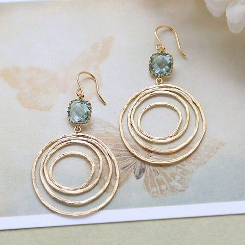 Gold Multi Circle Hoop Earrings with Aquamarine Blue crystals