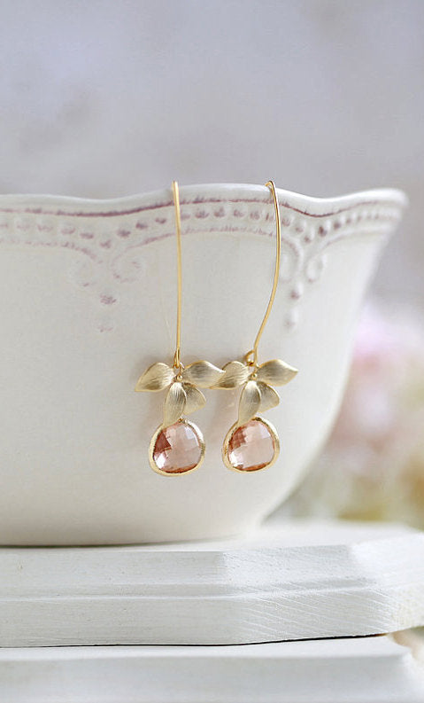 Peach Champagne Gold Orchid Flower Dangle Earrings Peach Champagne Wedding Bridal Earrings Bridesmaid Earrings Gift for her