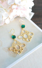 Load image into Gallery viewer, Emerald Green Earrings Gold Filigrees Green Glass Dangle Earrings Emerald Wedding Bridesmaid Earrings Bridal Party Gift May Birthstone
