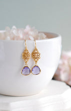 Load image into Gallery viewer, Purple Earrings, Gold Earrings, Filigree Amethyst Purple Glass Drop Dangle Earrings, Purple Wedding Bridal Jewelry Bridesmaid Earrings
