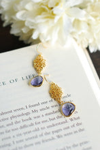 Load image into Gallery viewer, Purple Earrings, Gold Earrings, Filigree Amethyst Purple Glass Drop Dangle Earrings, Purple Wedding Bridal Jewelry Bridesmaid Earrings
