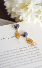 Load image into Gallery viewer, Purple Earrings, Gold Earrings, Filigree Amethyst Purple Glass Drop Dangle Earrings, Purple Wedding Bridal Jewelry Bridesmaid Earrings
