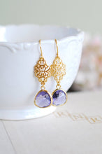 Load image into Gallery viewer, Purple Earrings, Gold Earrings, Filigree Amethyst Purple Glass Drop Dangle Earrings, Purple Wedding Bridal Jewelry Bridesmaid Earrings
