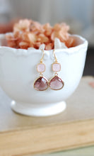 Load image into Gallery viewer, Icy Pink and Plum Earrings. Gold Plated Purple Eggplant Burgundy Glass Drop Earrings, Dangle Earrings, Bridesmaid Earrings, Plum Wedding
