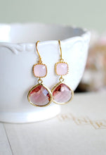 Load image into Gallery viewer, Icy Pink and Plum Earrings. Gold Plated Purple Eggplant Burgundy Glass Drop Earrings, Dangle Earrings, Bridesmaid Earrings, Plum Wedding
