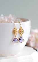 Load image into Gallery viewer, Gold Flower Purple Glass Drop Post Earrings, Flower Earrings, Amethyst Purple Drop Earrings, Purple Wedding Bridal Jewelry, Bridesmaid  Gift
