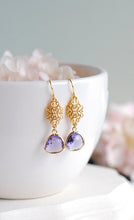 Load image into Gallery viewer, Purple Earrings, Gold Earrings, Filigree Amethyst Purple Glass Drop Dangle Earrings, Purple Wedding Bridal Jewelry Bridesmaid Earrings
