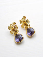 Load image into Gallery viewer, Gold Flower Purple Glass Drop Post Earrings, Flower Earrings, Amethyst Purple Drop Earrings, Purple Wedding Bridal Jewelry, Bridesmaid  Gift
