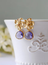 Load image into Gallery viewer, Gold Flower Purple Glass Drop Post Earrings, Flower Earrings, Amethyst Purple Drop Earrings, Purple Wedding Bridal Jewelry, Bridesmaid  Gift
