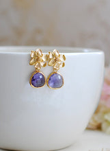 Load image into Gallery viewer, Gold Flower Purple Glass Drop Post Earrings, Flower Earrings, Amethyst Purple Drop Earrings, Purple Wedding Bridal Jewelry, Bridesmaid  Gift
