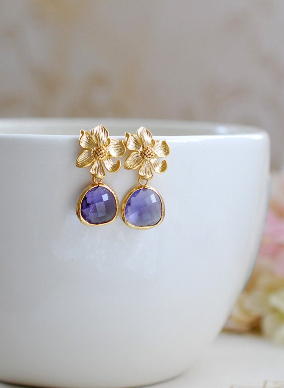 Gold Flower Purple Glass Drop Post Earrings, Flower Earrings, Amethyst Purple Drop Earrings, Purple Wedding Bridal Jewelry, Bridesmaid  Gift