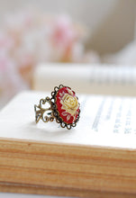 Load image into Gallery viewer, Cameo Ring, Red and Ivory Rose Cameo Ring, Vintage Style Cocktail Ring, Romantic Victorian Brass Filigree Adjustable Ring, Valentines gift
