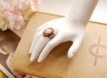 Load image into Gallery viewer, Cameo Ring, Red and Ivory Rose Cameo Ring, Vintage Style Cocktail Ring, Romantic Victorian Brass Filigree Adjustable Ring, Valentines gift
