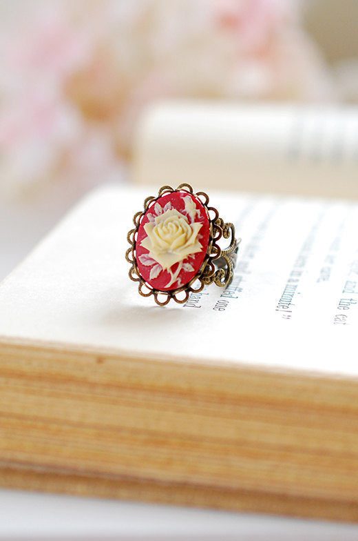 Cameo Ring, Red and Ivory Rose Cameo Ring, Vintage Style Cocktail Ring, Romantic Victorian Brass Filigree Adjustable Ring, Valentines gift