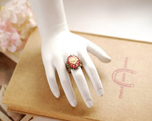 Load image into Gallery viewer, Cameo Ring, Red and Ivory Rose Cameo Ring, Vintage Style Cocktail Ring, Romantic Victorian Brass Filigree Adjustable Ring, Valentines gift
