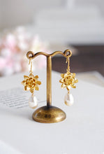 Load image into Gallery viewer, Gold Lotus Cream Pearl Earrings, Yoga Lotus Jewelry, Swarovski Ivory Cream Teardrop Pearls Dangle Earrings, Wedding Bridal Gold Earrings
