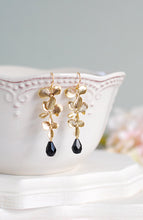 Load image into Gallery viewer, Gold and Black Long Dangle Earrings. Gold Cascading Orchids Flower Black Onyx Teardrop Crystal Chandelier Earrings. Wedding Bridal Earrings
